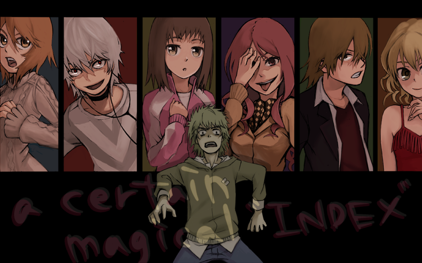 brown_eyes brown_hair clenched_teeth crazy_smile earphones formal glaring green_eyes green_hair hamazura_shiage hand_over_eye hoodie kakine_teitoku kinuhata_saiai mugino_shizuri open_mouth pullover red_hair shirt smile striped striped_shirt suit takitsubo_rikou the_girl_in_the_dress to_aru_majutsu_no_index tongue yoriko_(shiyo)