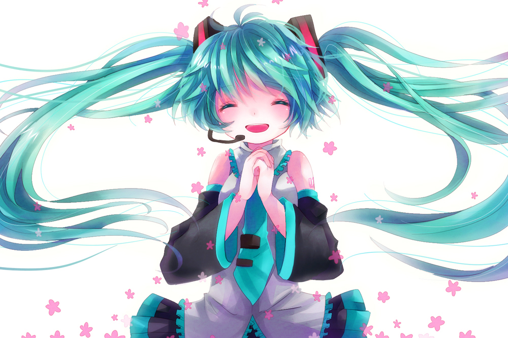 aqua_hair closed_eyes detached_sleeves efu eyes_closed hands_clasped hatsune_miku headset long_hair necktie simple_background solo twintails very_long_hair vocaloid