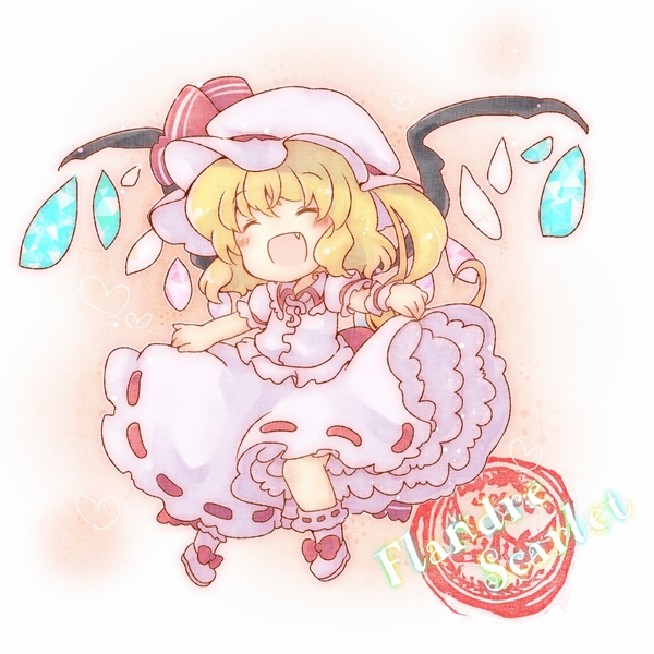 :d ^_^ alternate_wings blonde_hair blush bow character_name chibi closed_eyes cosplay dress eyes_closed fang flandre_scarlet hat hat_bow open_mouth petticoat remilia_scarlet remilia_scarlet_(cosplay) sen1986 side_ponytail skirt skirt_set smile solo touhou wings wrist_cuffs
