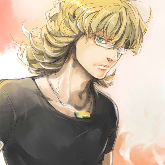 arimaty barnaby_brooks_jr blonde_hair glasses green_eyes jewelry male necklace solo t-shirt tiger_&amp;_bunny