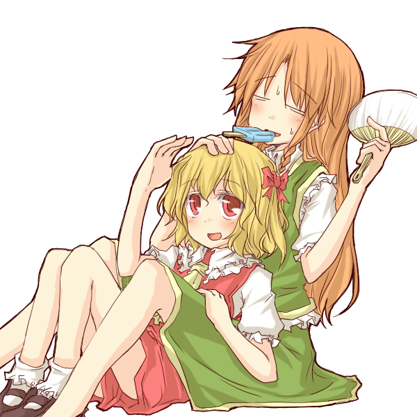 =_= arm_up ascot blonde_hair bobby_socks bow braid closed_eyes dress eyes_closed fan flandre_scarlet food hair_bow hand_on_head hong_meiling ice_cream mary_janes mouth_hold multiple_girls natsuk necktie no_hat no_headwear no_wings open_mouth paper_fan petting popsicle red_dress red_eyes red_hair redhead shirt shoes side_ponytail sitting skirt skirt_set socks sweat the_embodiment_of_scarlet_devil touhou uchiwa