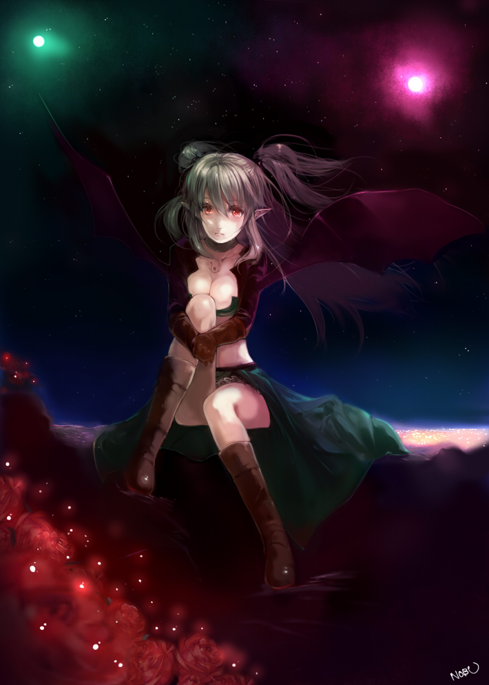 boots breasts choker cleavage collarbone flower gloves grey_hair knee_boots leg_hug midriff night nobusnow original pointy_ears red_eyes red_rose rose sitting skirt sky solo star_(sky) starry_sky twintails two_side_up wings
