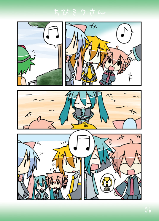 akita_neru aqua_hair blonde_hair blue_hair chibi_miku comic drill_hair gumi hair_ribbon hatsune_miku kasane_teto kiyone_suzu minami_(colorful_palette) musical_note pink_hair ribbon side_ponytail trophy twin_drills twintails utau vocaloid |_|