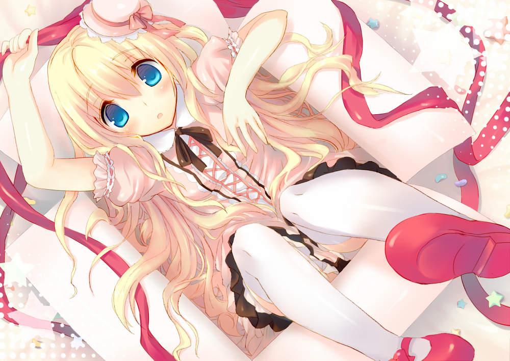 blonde_hair blue_eyes box dress dutch_angle girl_in_a_box in_box in_container kinoko long_hair mary_janes mini_hat original ribbon shoes solo thigh-highs thighhighs white_legwear