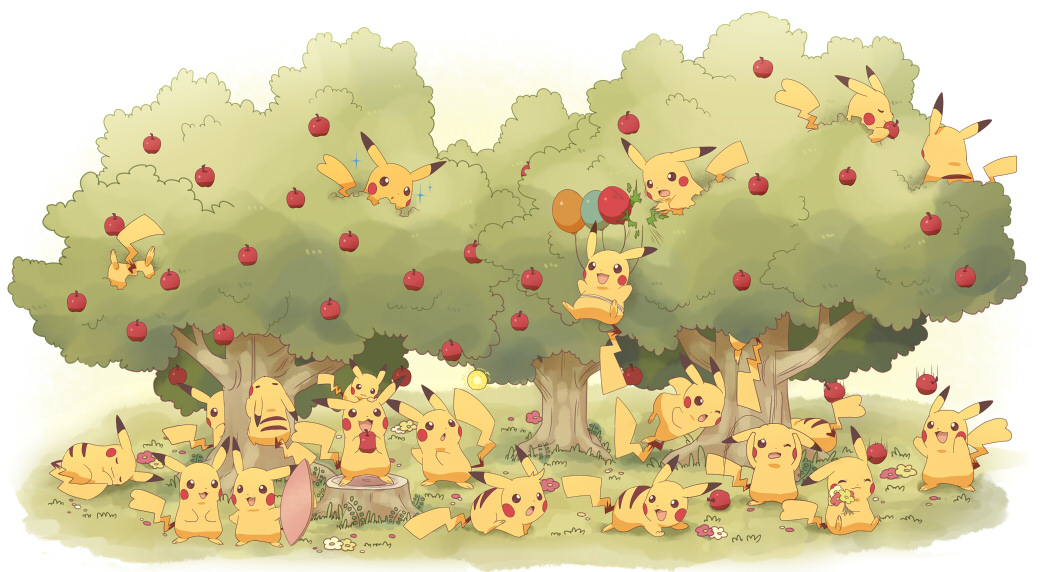 apple balloon clone flower flying_pikachu food fruit jippe no_humans pikachu pikachu_(flying) pikachu_(surfing) pokemon pokemon_(anime) pokemon_(creature) pokemon_(game) pokemon_rgby sexual_dimorphism size_difference sleeping sparkle surfboard too_many_pikachu tree tree_stump