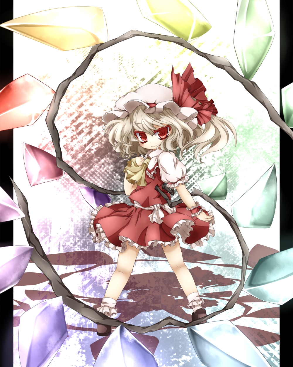 ascot blonde_hair bobby_socks bow child flandre_scarlet frills from_behind gem hat hat_bow highres long_hair red_eyes short_sleeves side_ponytail socks solo standing takatoiyori the_embodiment_of_scarlet_devil touhou turning white_legwear wings wrist_cuffs