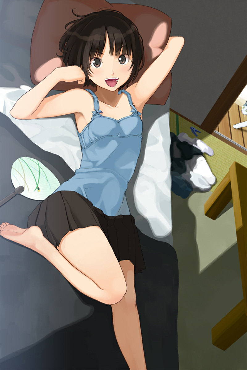 amagami armpits bare_legs barefoot bed brown_eyes brown_hair cat chemise clothes_on_floor fan feet flat_chest highres legs lying on_back open_mouth pillow short_hair skirt smile solo table tachibana_miya takayama_kisai