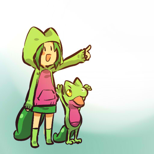 1girl arms_up blush_stickers cosplay female fgsfds footwear green_hair hair hitec hoodie human moemon open_mouth personification pointing pokemon pokemon_(creature) pokemon_(game) pokemon_rse scalie short_hair smile socks tail treecko yellow_eyes |_|