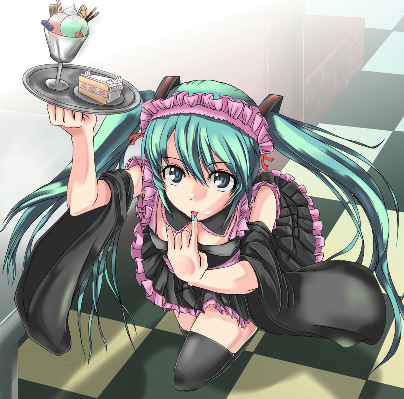 aqua_eyes cake checkered checkered_floor detached_sleeves finger_licking food hatsune_miku headset licking parfait skirt solo t_shatsu thigh-highs thighhighs tray twintails vocaloid
