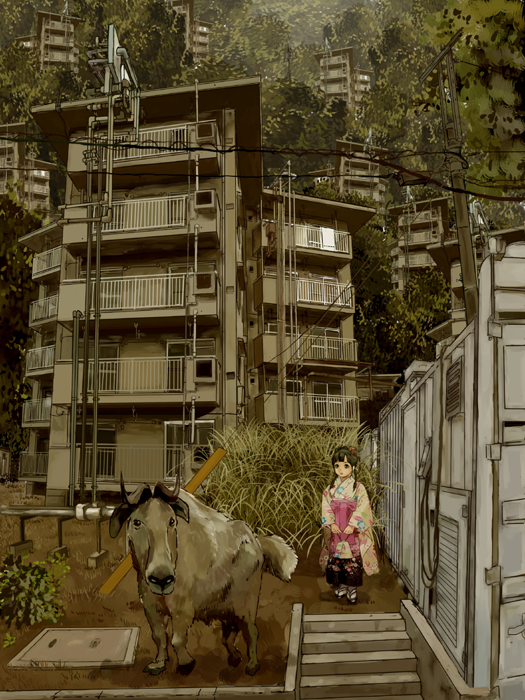 black_hair building bull cityscape geta grass hair_ornament horns japanese_clothes katou_fumitaka kimono original outdoors ox power_lines stairs tree wire