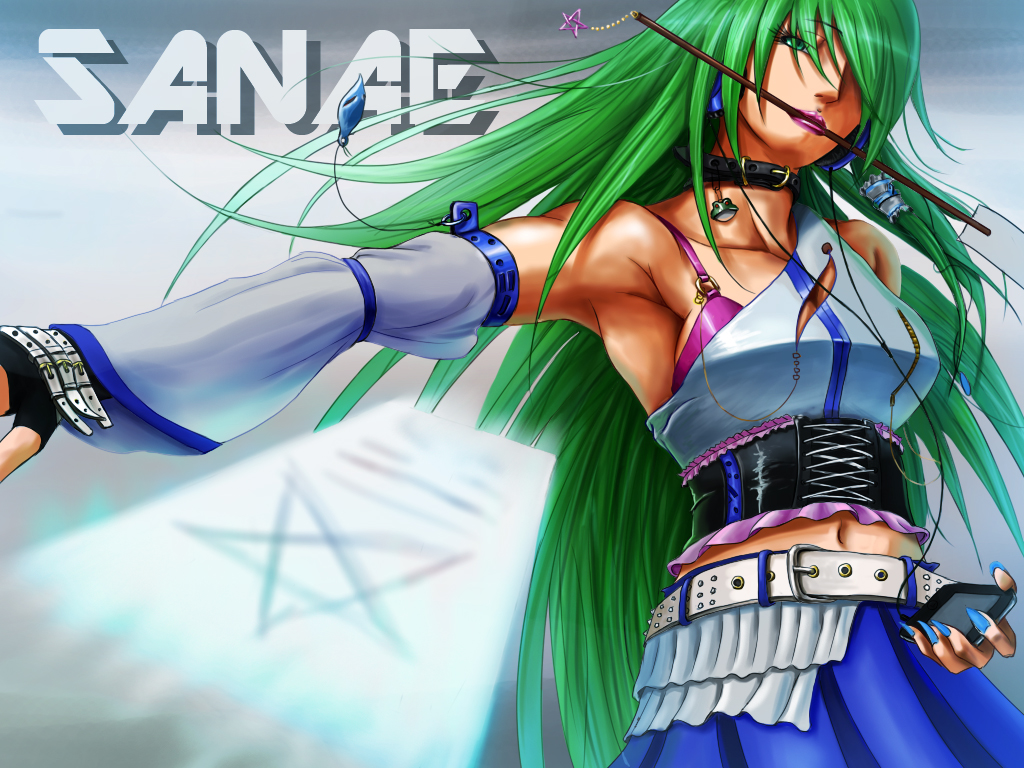 7/11_(fukuso) adapted_costume adult armpits bangs belt bra breasts character_name cleavage cleavage_cutout collar corset crop_top detached_sleeves digital_media_player fingerless_gloves fingernails foreshortening frills frog gloves gohei green_eyes green_hair hair_ornament hair_over_one_eye head_tilt headphones holding jewelry kochiya_sanae lingerie lipstick long_fingernails long_hair looking_at_viewer makeup midriff motion_blur mouth_hold nail_polish navel ofuda pendant pink_lipstick pleated_skirt sideboob skirt snake solo standing star strap studded_belt touhou underwear very_long_hair wallpaper zipper
