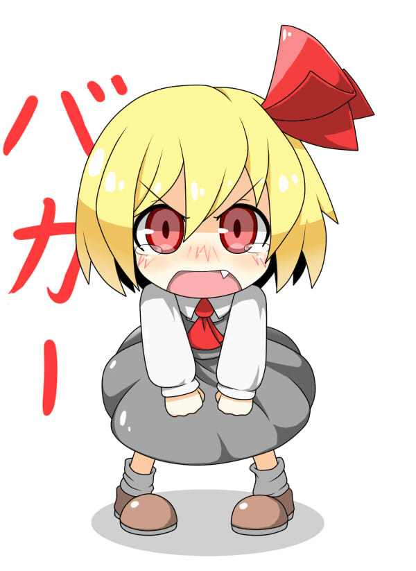 angry ascot blonde_hair blush dress fang hair_ribbon hecchi_(blanch) open_mouth red_eyes ribbon rumia short_hair solo tears the_embodiment_of_scarlet_devil touhou translated youkai