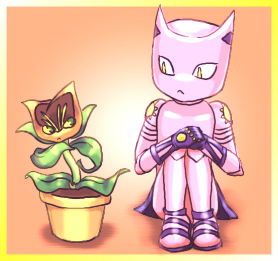 :&lt; animal_ears cat_ears chibi flower jojo_no_kimyou_na_bouken kamiura killer_queen nekogusa_(jojo) no_humans plant potted_plant slit_pupils stand_(jojo)