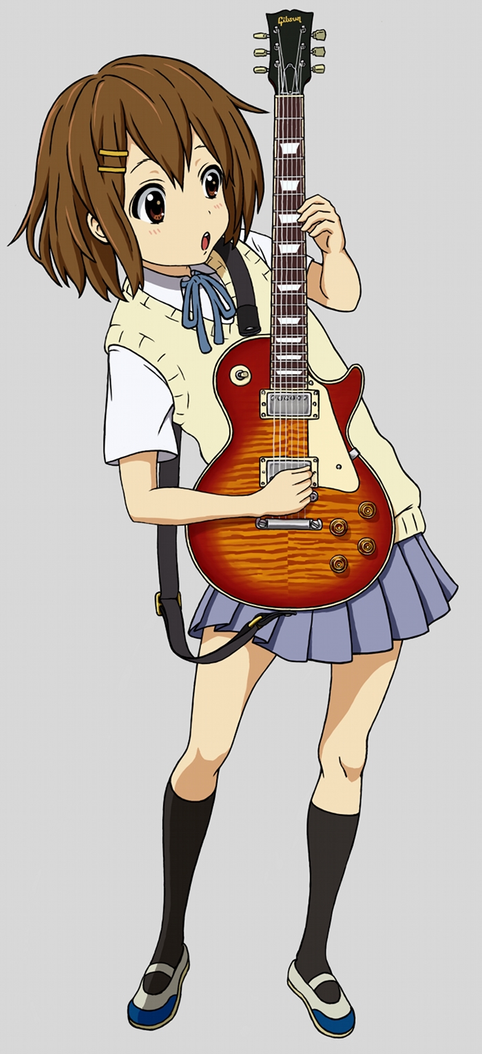 brown_eyes brown_hair guitar highres hirasawa_yui instrument k-on! school_uniform short_hair takahashi_(dega_mo) uwabaki