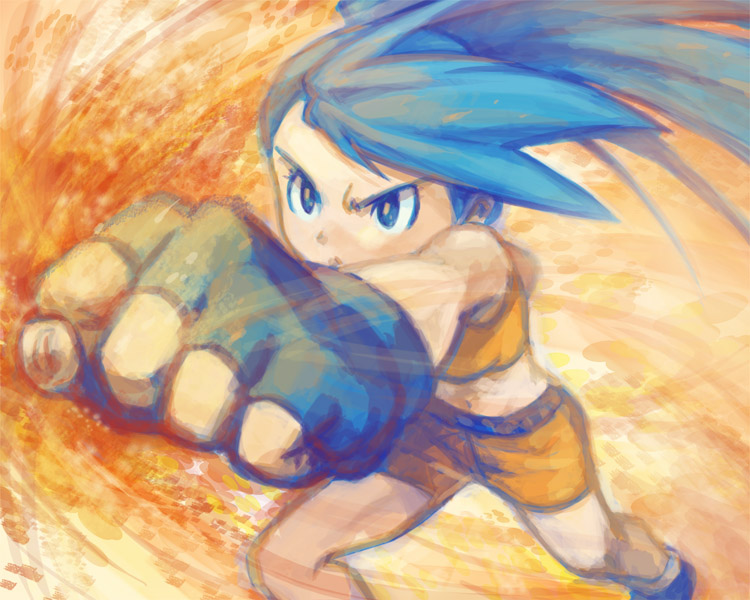 1girl battle_girl_(pokemon) bike_shorts blue_eyes blue_hair character_request clenched_hand extra fingerless_gloves fist gloves navel pokemon pokemon_(game) pokemon_emerald pokemon_rse pokemon_ruby_and_sapphire punching solo speed_painting tank_top trainer_class yapo_(mess)