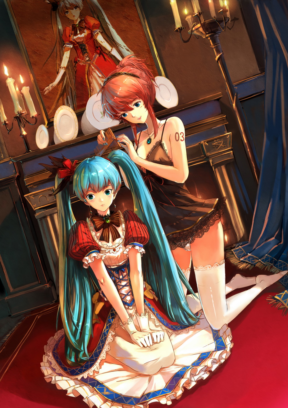 aqua_hair babydoll blue_eyes blush bow candle comb dress dutch_angle earrings gloves hair_ornament hairdressing hatsune_miku highres jeanex jewelry kneeling long_hair megurine_luka multiple_girls necklace no_shoes painting panties plate red_hair redhead seiza short_hair sitting smile thigh-highs thighhighs twintails underwear very_long_hair vocaloid white_legwear
