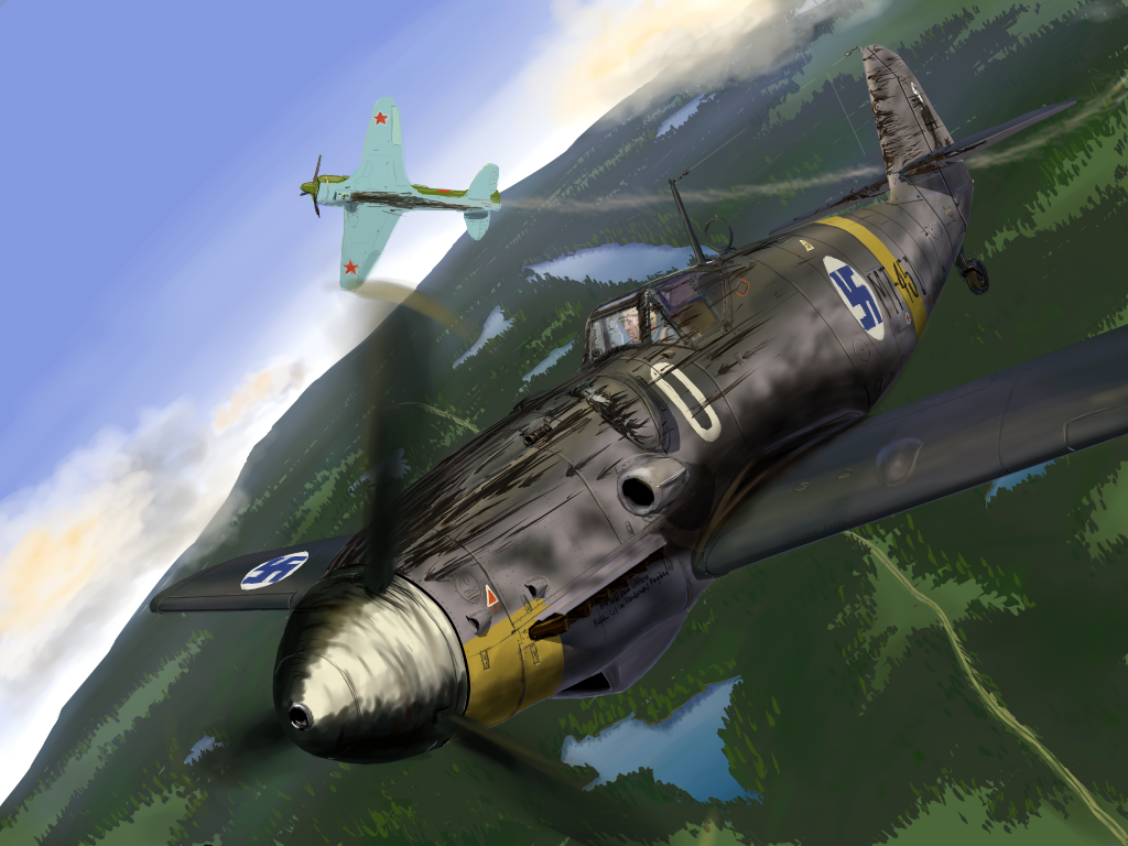 bf_109 cloud damaged finland flying fokker la-5 lake lavochkin_la-5 original pilot punalentajien_kiusana scenery sky smoke star swastika war water weapon world_war_ii wwii