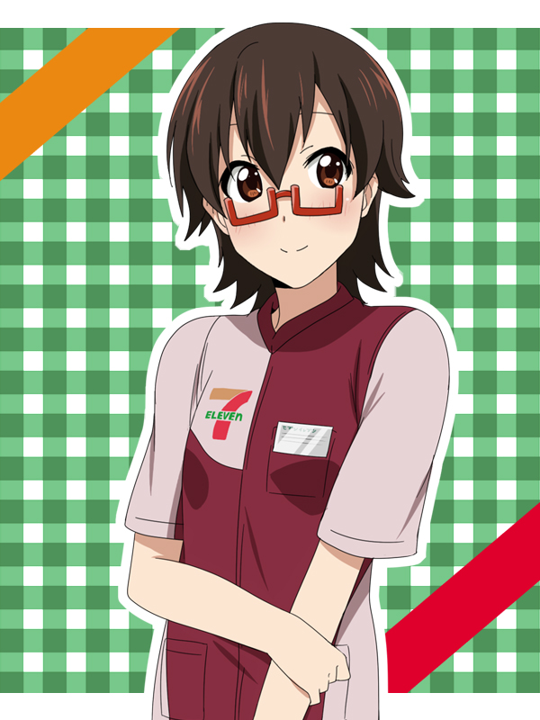 brown_eyes cosplay glasses half_rim_glasses ikari_manatsu k-on! manabe_nodoka nodoka_glasses red-framed_glasses semi-rimless_glasses short_hair smile solo under-rim_glasses uniform