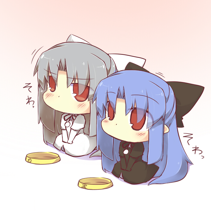 blue_hair blush bow bowl brown_eyes chibi gradient gradient_background grey_hair hair_bow hazuki_ruu len long_hair multiple_girls no_mouth red_eyes silver_hair sitting tsukihime v_arms white_len