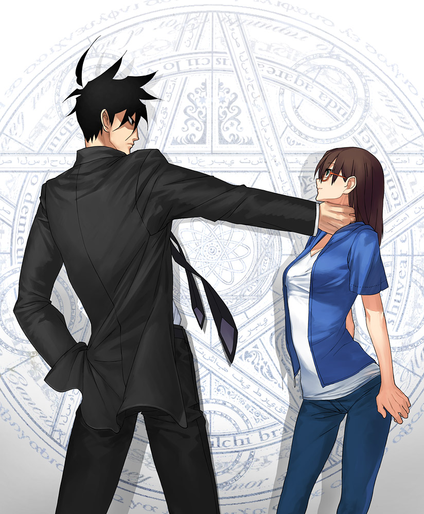 1girl akutabe brown_hair couple formal glasses jeans kazeto magic_circle male necktie no_eyebrows pants sakuma_rinko strangle strangling suit yondemasuyo_azazel-san