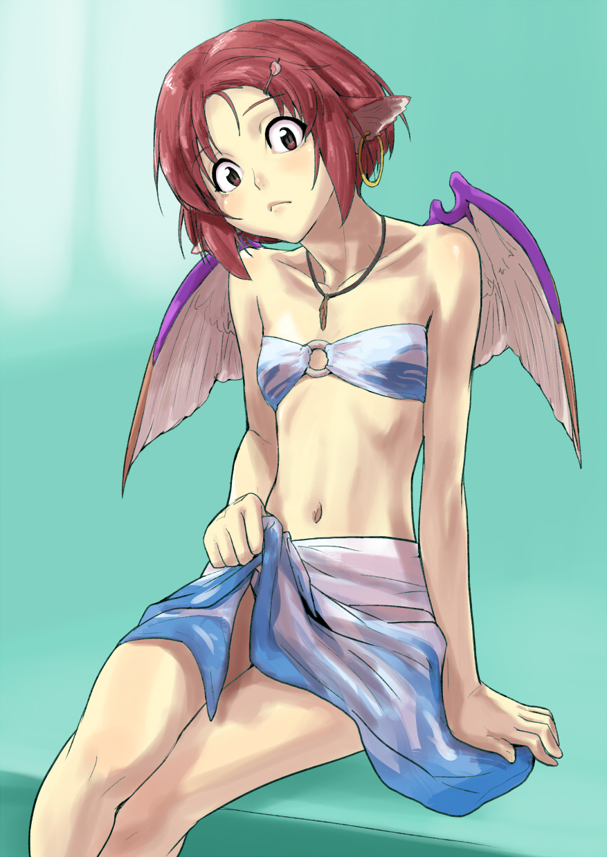 alternate_hairstyle animal_ears bandeau bare_shoulders bikini brown_eyes collarbone earrings face flat_chest hair_ornament hairclip hairpin hands highres jewelry midriff mystia_lorelei navel necklace no_hat o-ring_bikini o-ring_top pendant pink_hair red_hair redhead sarong shiba_itsuki short_hair single_earring sitting skirt skirt_lift slender solo stare swimsuit touhou wide-eyed wide_eyed wings