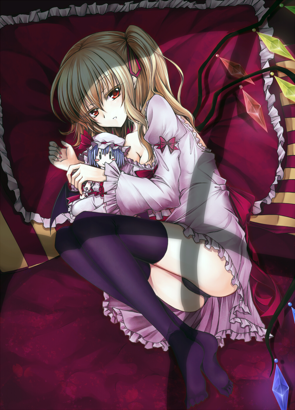 adult black_legwear black_panties blonde_hair blush_stickers breasts character_doll cleavage fetal_position flandre_scarlet frills hair_ribbon highres lying nail_polish nightgown no_hat no_headwear on_side panties pantyshot pantyshot_(lying) pillow red_eyes remilia_scarlet ribbon shadow side_ponytail solo the_embodiment_of_scarlet_devil thigh-highs thighhighs touhou underwear utakata_(0824) wings