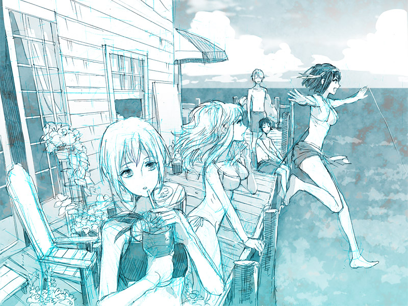 asahina_mikuru barefoot bikini dock drink fisheye jumping koizumi_itsuki kyon long_hair monochrome nagato_yuki ribs sarong short_hair shorts side-tie_bikini sketch suzumiya_haruhi suzumiya_haruhi_no_yuuutsu swim_trunks swimsuit work_in_progress