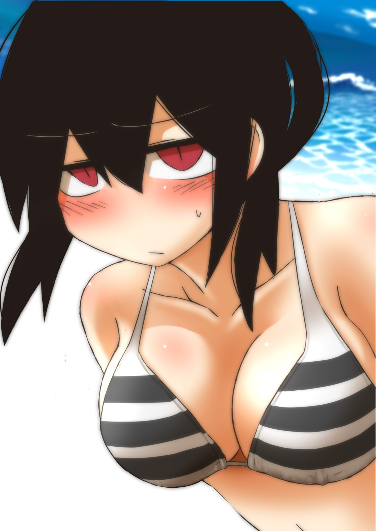 1girl bare_shoulders bikini black_hair blush breasts cleavage collarbone kibana_tsuitachi ocean original red_eyes short_hair slit_pupils solo stripe_(kibana_tsuitachi) striped striped_bikini striped_swimsuit swimsuit water