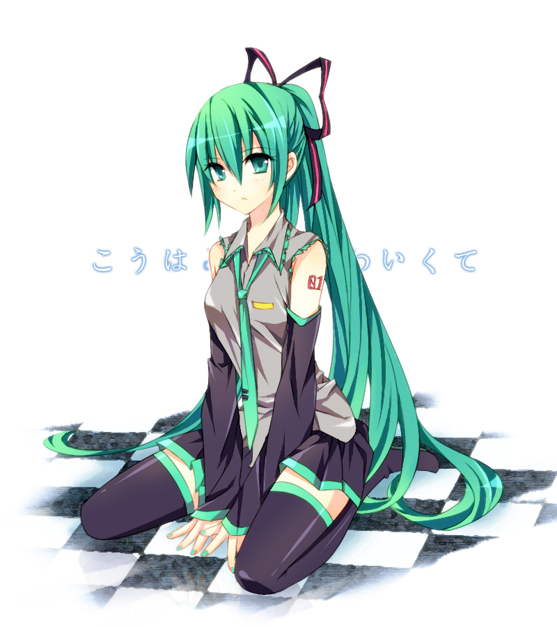 alternate_hairstyle checkered checkered_floor detached_sleeves green_eyes green_hair hatsune_miku long_hair luoluo necktie ponytail sitting skirt solo thigh-highs thighhighs very_long_hair vocaloid
