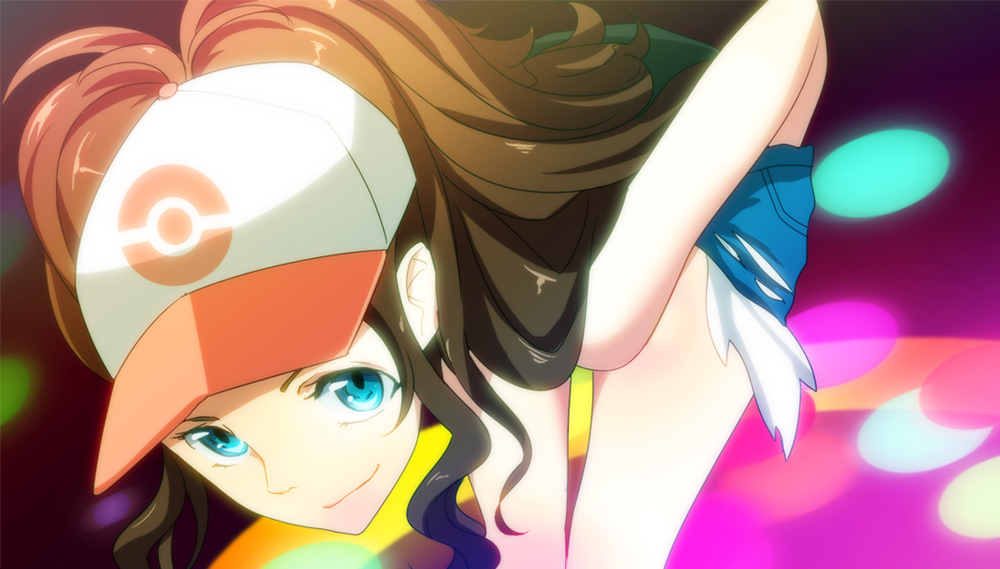 bare_shoulders baseball_cap blue_eyes brown_hair hat long_hair looking_at_viewer nikon panty_&amp;_stocking_with_garterbelt panty_(psg) parody pokemon pokemon_(game) pokemon_black_and_white pokemon_bw ponytail shorts solo style_parody touko_(pokemon) undressing