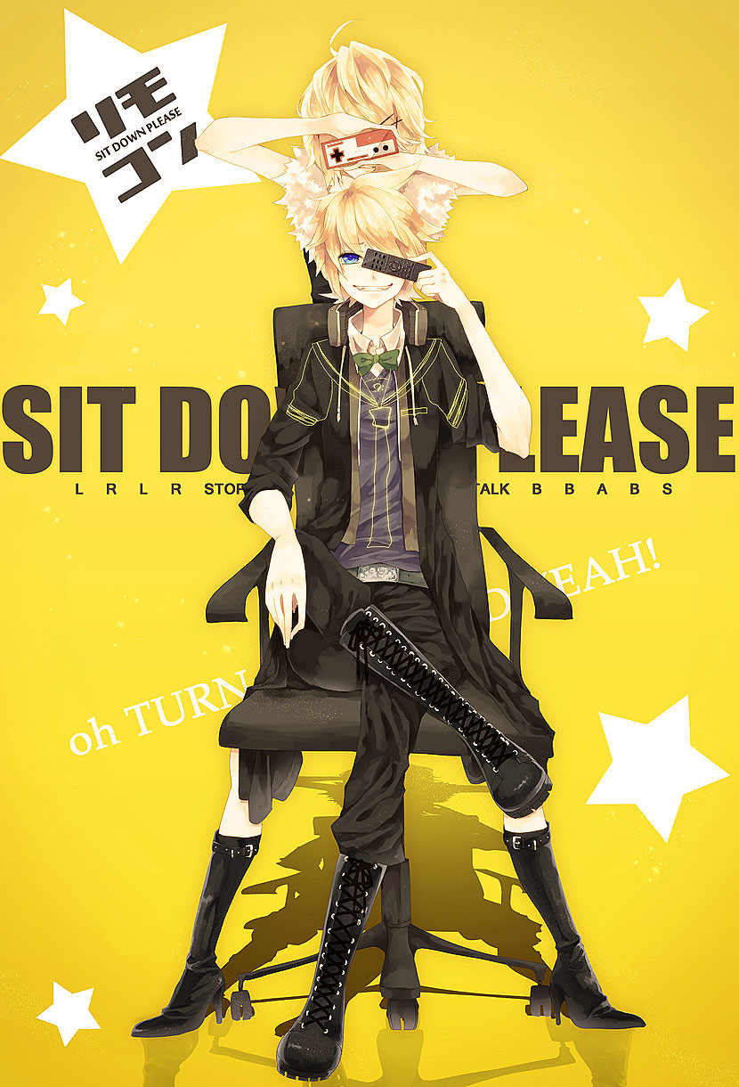 blonde_hair blue_eyes boots brother_and_sister chair controller fur_collar grin hair_ornament hairclip headphones headphones_around_neck highres jacket kagamine_len kagamine_rin nes nintendo project_diva project_diva_f ragi_(pluie) remote_control rimocon_(vocaloid) short_hair siblings smile twins vocaloid