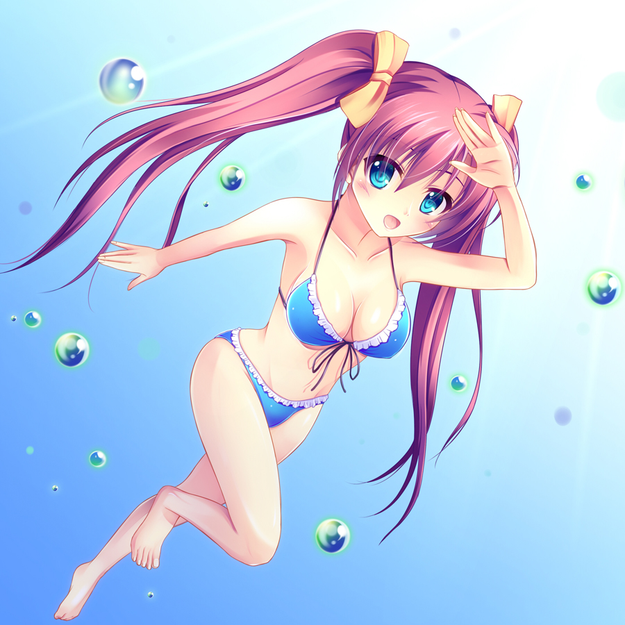 bikini blue_eyes bubble long_hair original pass-d perspective red_hair redhead swimsuit twintails underwater