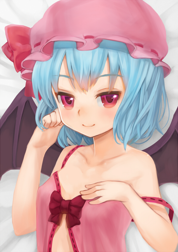 1girl babydoll blue_hair breasts bust flat_chest hand_on_chest hand_on_own_chest hand_to_chest hands hat looking_at_viewer mamepon red_eyes remilia_scarlet short_hair smile solo strap_slip touhou