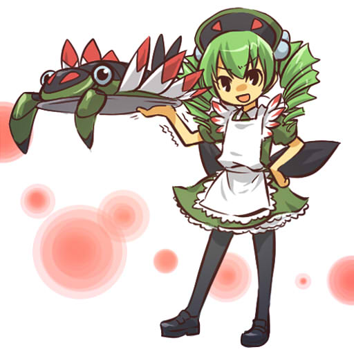 &gt;:) &gt;:d 1girl anorith apron black_legwear bow cosplay drill_hair female green_hair hair_bobbles hair_ornament hand_on_hip hips hitec human maid moemon open_mouth pantyhose personification platter pokemon pokemon_(creature) pokemon_(game) pokemon_rse shoes smile tray trembling twintails
