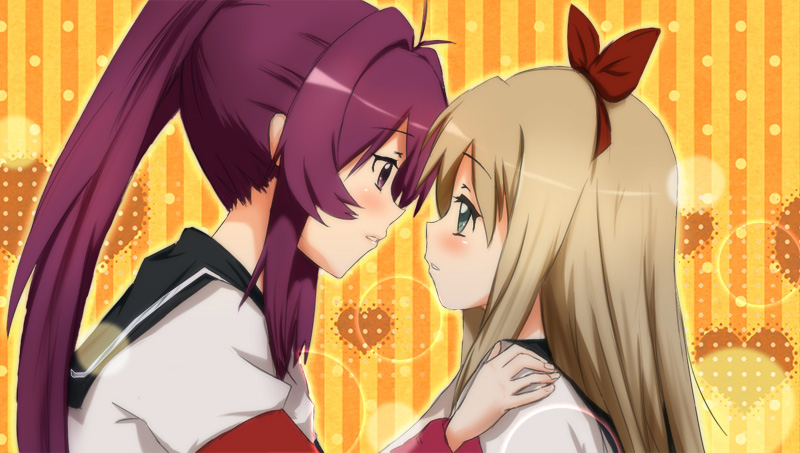 blonde_hair blush bow eye_contact hair_bow hair_ornament long_hair looking_at_another multiple_girls nanami0314 pink_hair ponytail school_uniform sugiura_ayano toshinou_kyouko yuri yuru_yuri