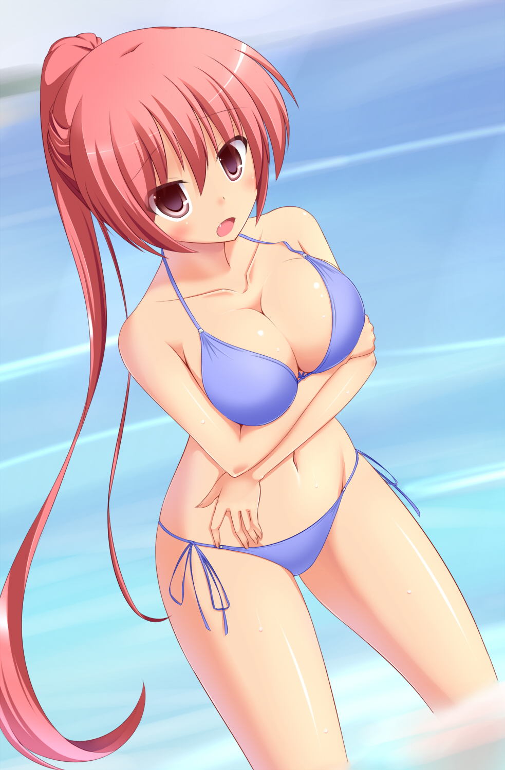 bad_id bikini breasts cleavage fang highres hyonsan2 long_hair original ponytail red_eyes red_hair redhead solo swimsuit