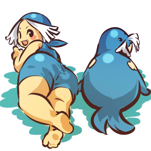 1girl ass back bandana blush_stickers cosplay fang fat female hitec human looking_back moemon open_mouth personification pokemon pokemon_(creature) sealeo smile swimsuit tusks white_hair