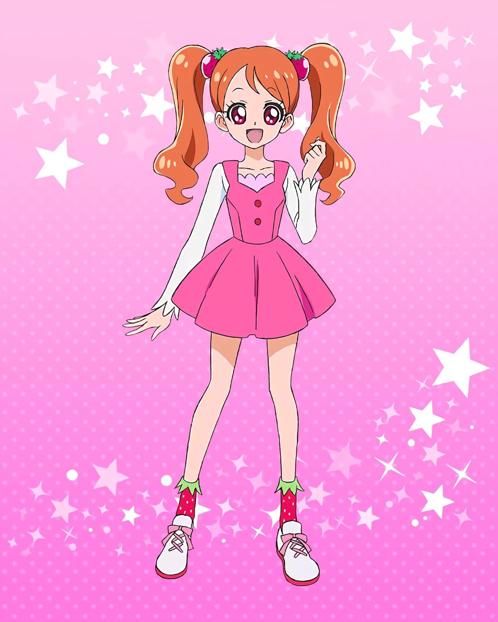 1girl cure_whip dress full_body highres kirakira_precure_a_la_mode long_hair long_sleeves official_art open_mouth orange_hair pink_skirt precure precure_connection_puzzlun red_eyes skirt smile socks solo standing third-party_source twintails usami_ichika white_footwear