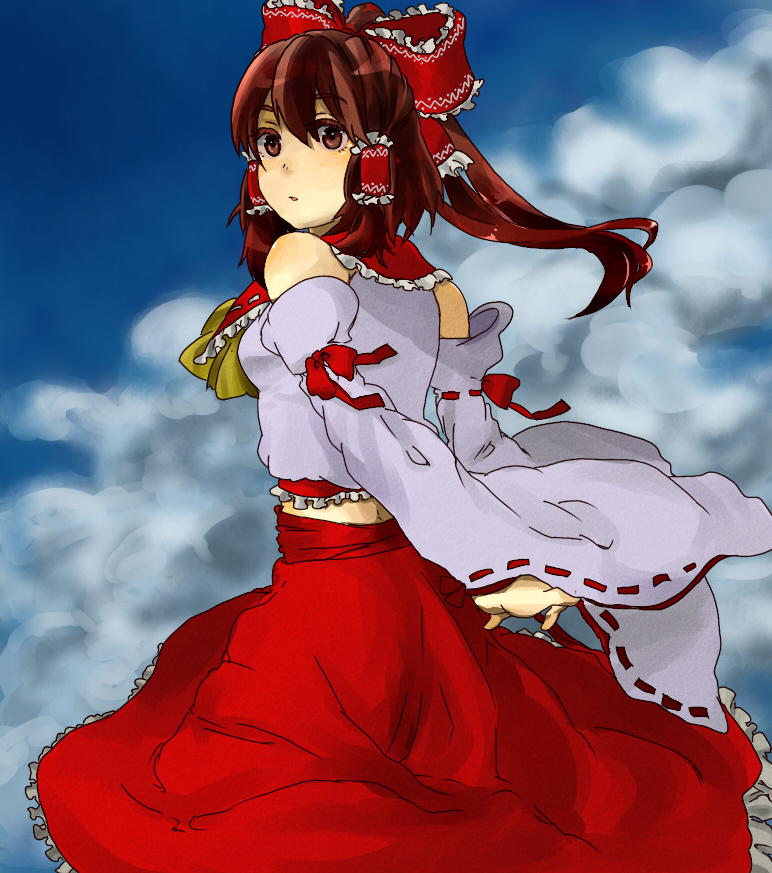 arms_behind_back bow brown_eyes brown_hair cloud colored_eyelashes detached_sleeves hair_bow hakurei_reimu hands_clasped looking_at_viewer michibata_tomato miko ponytail profile skirt sky solo touhou wide_sleeves