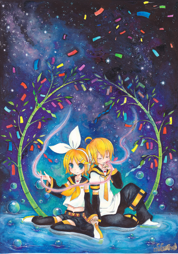 bamboo blonde_hair bow bubble couple hair_bow hands headphones holding holding_hands kagamine_len kagamine_rin marker_(medium) mosho red_string shide siblings sitting sky star_(sky) starry_sky string tanabata tanzaku traditional_media twins vocaloid wariza water watercolor_(medium) watercolor_pencil_(medium)