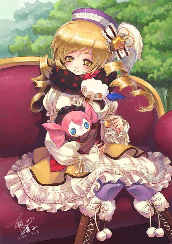 adapted_costume alternate_costume blonde_hair bow charlotte_(madoka_magica) cheese corset couch dated doll doll_hug embellished_costume frills hat magical_girl mahou_shoujo_madoka_magica no_gloves sanmi_tenten scarf signature sitting solo tomoe_mami tree twintails yellow_eyes