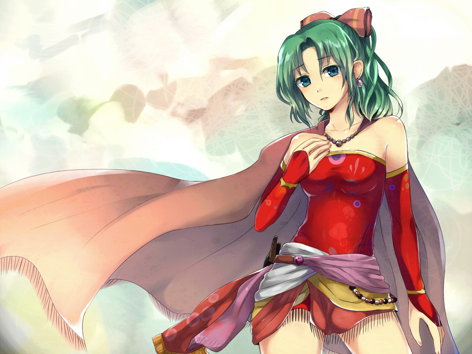 blue_eyes bow cape detached_sleeves earrings female final_fantasy final_fantasy_vi green_eyes green_hair hair_bow hand_on_own_chest hand_to_chest jewelry kamanatsu long_hair ponytail sash solo tina_branford