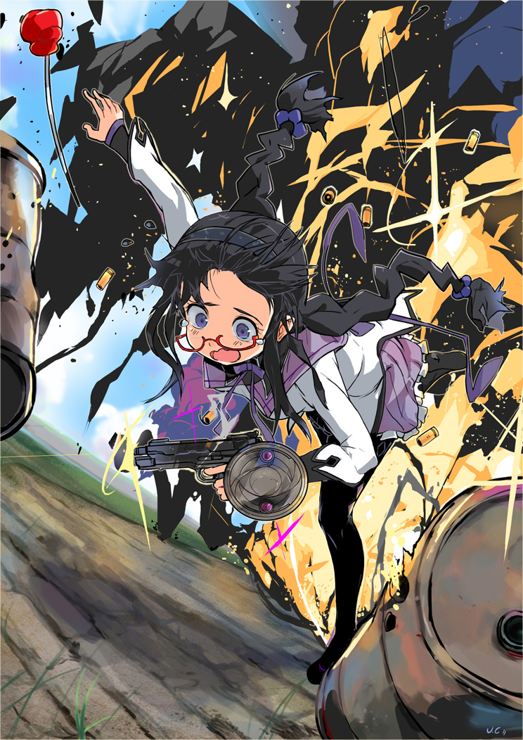 black_hair casing_ejection clumsy crooked_glasses dutch_angle explosion firing glasses gun handgun jc left-handed long_hair magical_girl mahou_shoujo_madoka_magica muzzle_flash pantyhose pistol red-framed_glasses shell_casing skirt tears wavy_mouth weapon