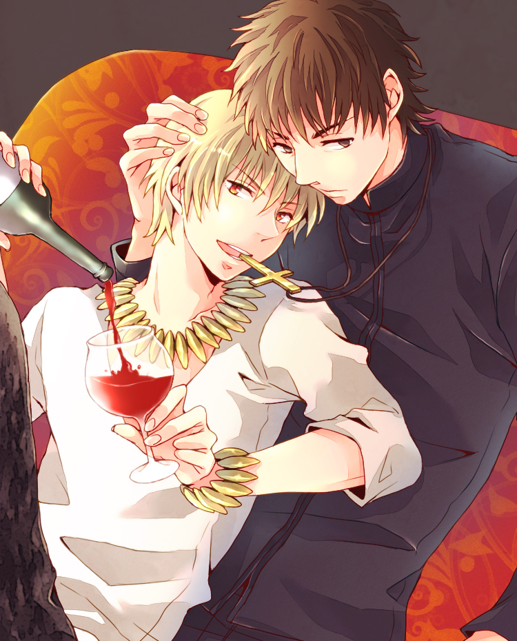 2boys askr_(mymy) blonde_hair bottle bracelet brown_eyes brown_hair cross cross_necklace cup fate/zero fate_(series) gilgamesh jewelry kotomine_kirei multiple_boys necklace pouring red_eyes wine wine_glass