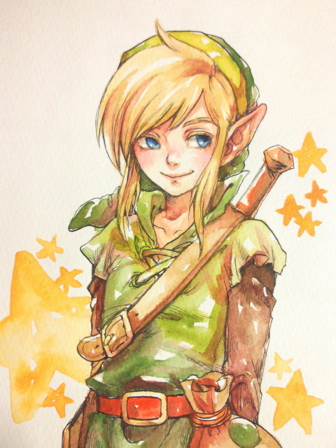 blonde_hair blue_eyes buckle hat link male morito_leaf9 nintendo pointy_ears smile star the_legend_of_zelda traditional_media tunic watercolor_(medium)