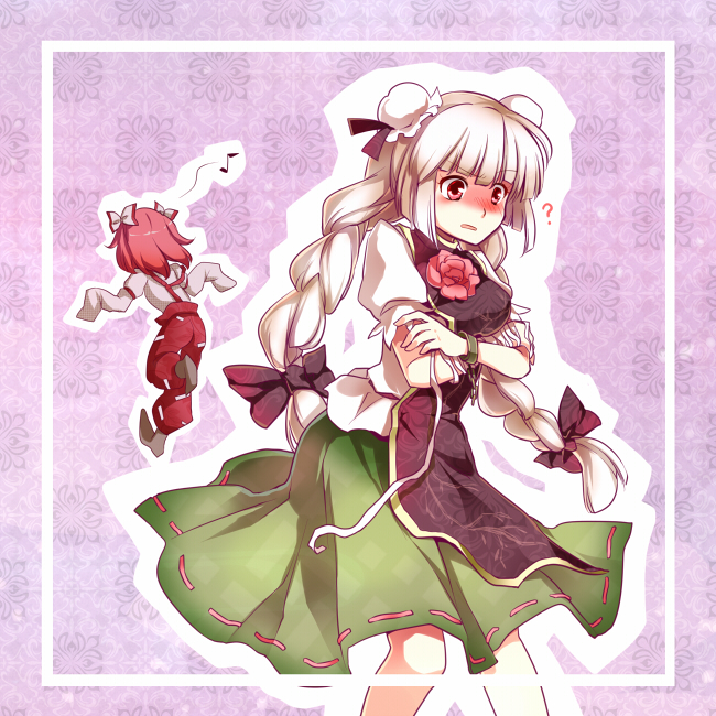 ? alternate_hairstyle bandage bandages blush bow braid bun_cover cosplay costume_switch crossed_arms double_bun flower fujiwara_no_mokou fujiwara_no_mokou_(cosplay) hair_bow ibara_kasen ibara_kasen_(cosplay) ibaraki_kasen ibaraki_kasen_(cosplay) long_hair multiple_girls musical_note pants pink_hair red_eyes short_hair skirt sleeves_past_wrists suspenders touhou twin_braids twintails very_long_hair white_hair yetworldview_kaze