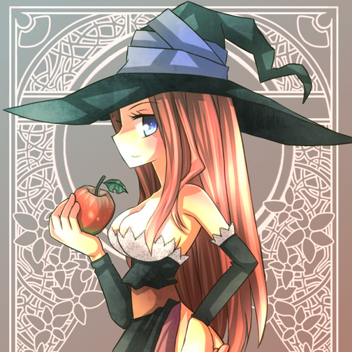artist_request bare_shoulders blue_eyes breasts brown_hair cleavage detached_sleeves dragon's_crown dragon's_crown dress food fruit hat hiyopuko holding holding_apple holding_fruit long_hair profile smile solo sorceress_(dragon's_crown) sorceress_(dragon's_crown) strapless_dress vanillaware witch_hat