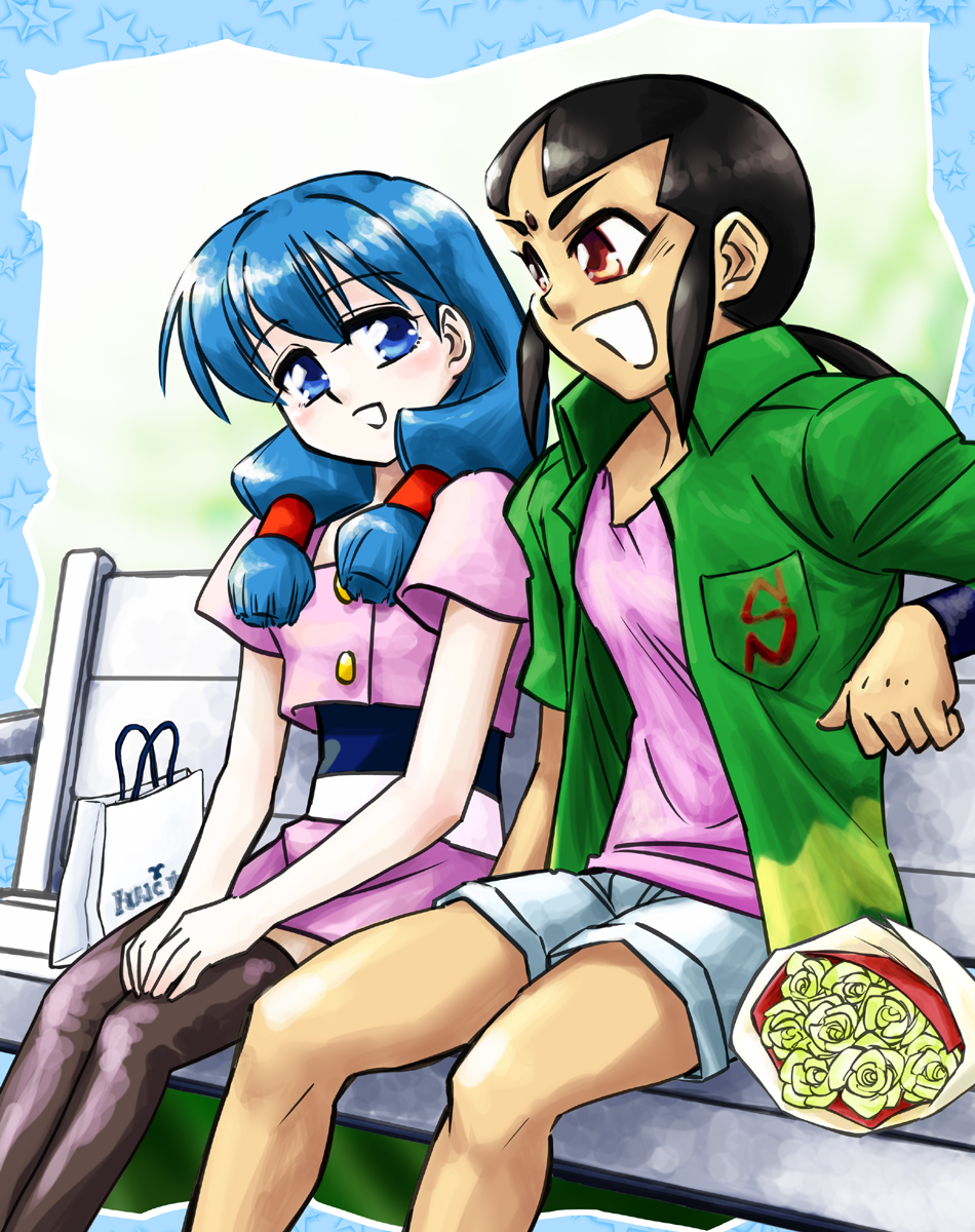 :d amakasu bag bench bindi black_hair blue_eyes bouquet cecile_(g_gundam) flower g_gundam gundam highres midriff open_clothes open_mouth open_shirt ponytail purple_hair red_eyes rose sai_saici shirt shopping_bag shorts smile star thigh-highs thighhighs