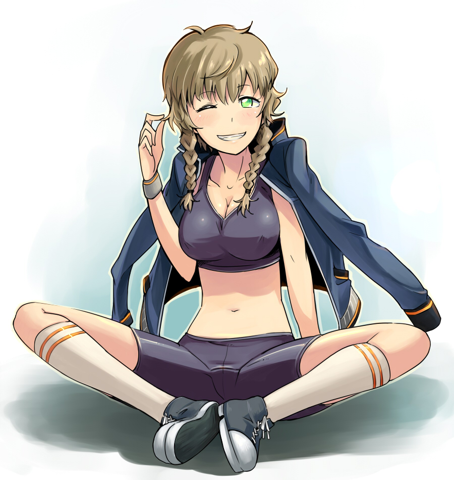 bike_shorts blush bowieknife braid breasts brown_hair butterfly_sitting footwear green_eyes grin jacket_on_shoulders midriff navel shoes smile sneakers socks sports_bra steins;gate track_jacket twin_braids wink