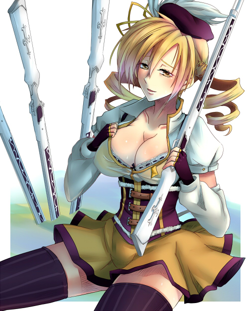 beret blonde_hair bra breasts brown_legwear cleavage corset detached_sleeves drill_hair fingerless_gloves gloves gun hair_ornament hairpin hat large_breasts lingerie magical_girl magical_musket mahou_shoujo_madoka_magica open_clothes open_shirt pleated_skirt puffy_sleeves ribbon rifle shirt sitting skirt solo thigh-highs thighhighs tomoe_mami twin_drills underwear vertical-striped_legwear vertical_stripes weapon yellow_eyes yude zettai_ryouiki